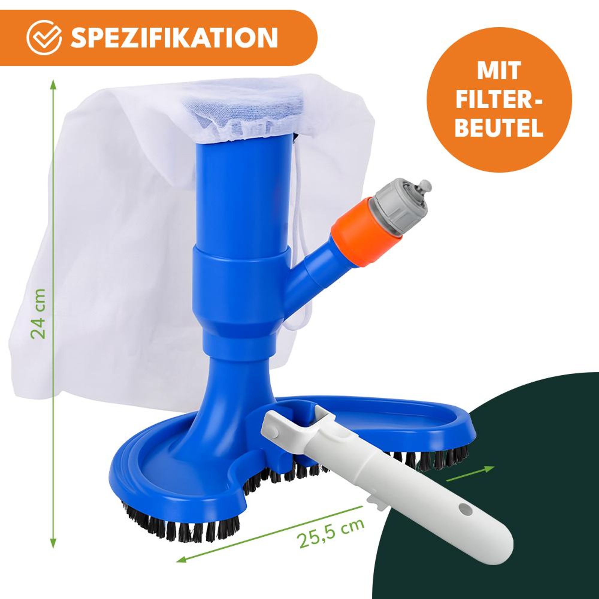 KRUMAD Poolsauger Halbmond ohne Strom, mit Filterbeutel, Bürste, Gartenschlauchanschluss, für Pool, Teich, Whirlpool, Zubehör
