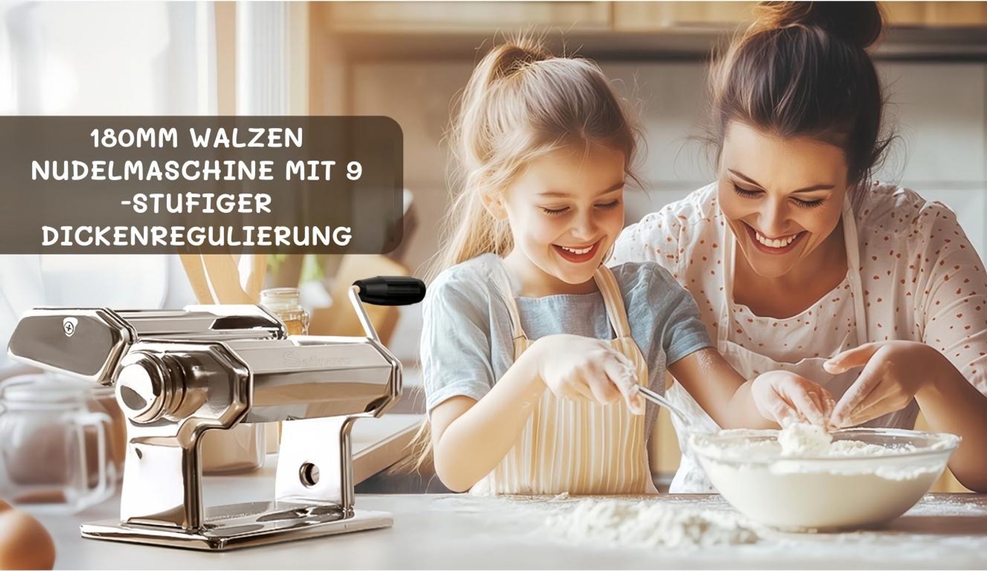 3-in-1 Edelstahl Nudelmaschine Pasta Maker mit 2 Klingen und 9 Einstellbare Dicke, Nudelschneider, Frische Manuelle Pasta Walze Maschine mit Befestigungsklammern, Silber