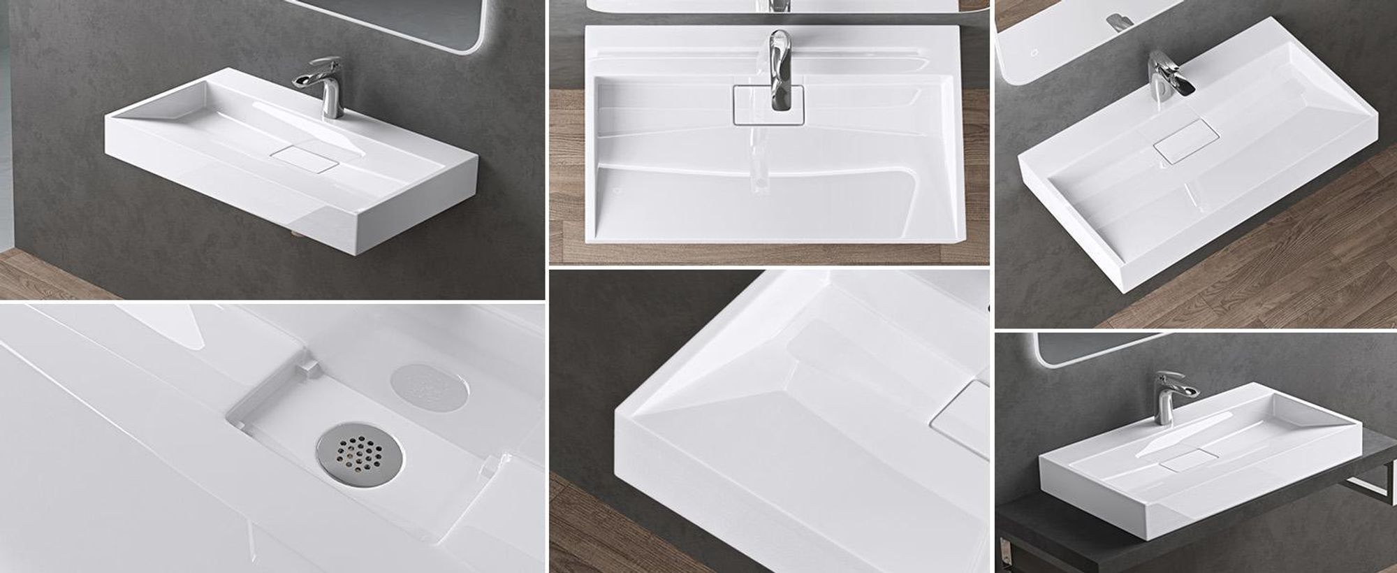 doporro Lavabo da Appoggio Bagno Sospeso Lavandino Rettangolare in Marmoresina con Piletta di Scarico Inclusa Colossum19, 90x46x11 cm Bianco Lucido Monoforo