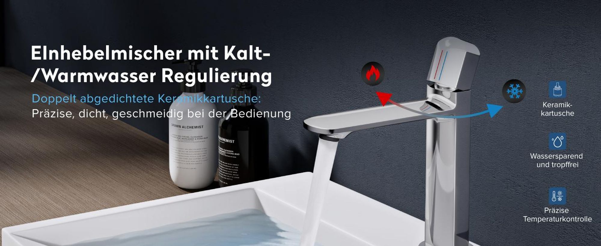 doporro Wasserhahn Bad Waschtischarmatur mit Auslaufhöhe 131mm Vollmessing-Körper Mischbatterie für Waschbecken Armaturen Badarmatur Silber 1190