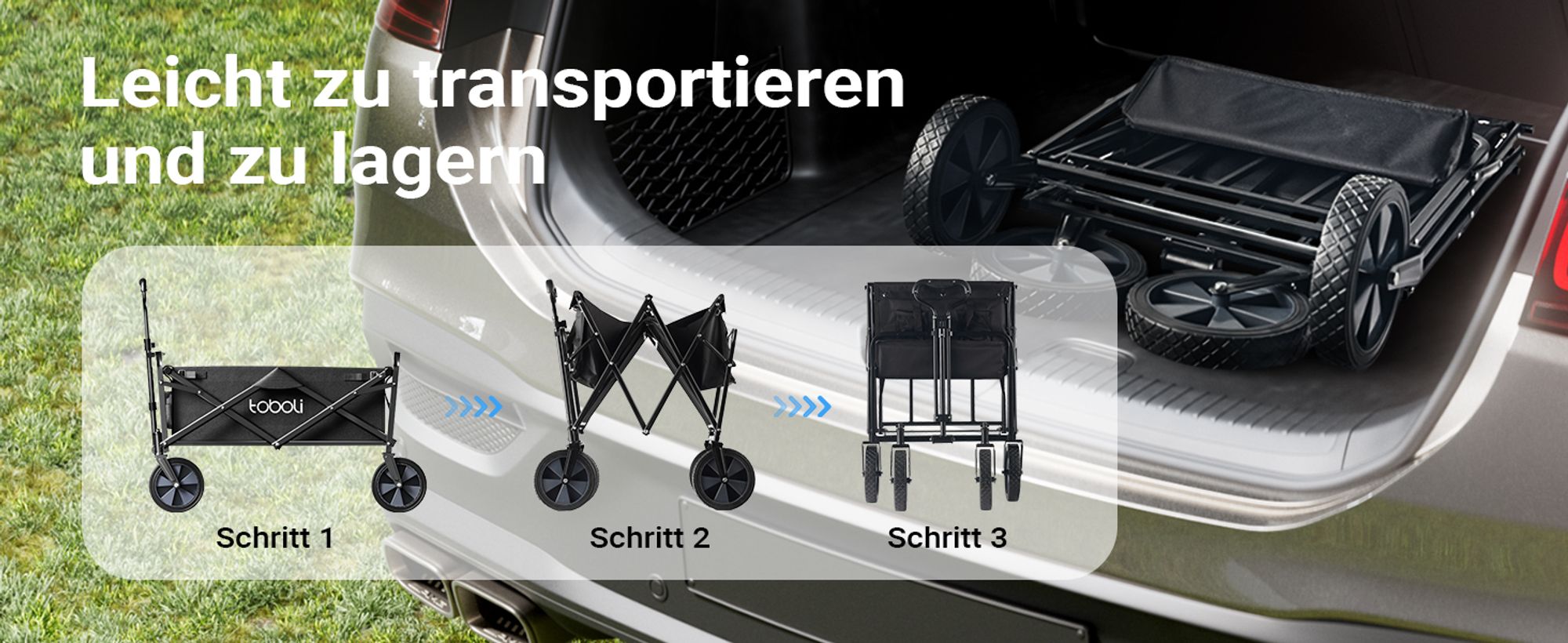 Toboli Bollerwagen faltbar Teleskopgriff schwarz, Faltbollerwagen mit Handgriff, Klappbollerwagen bis 100 kg Traglast für Einkauf, Garten, Ausflug
