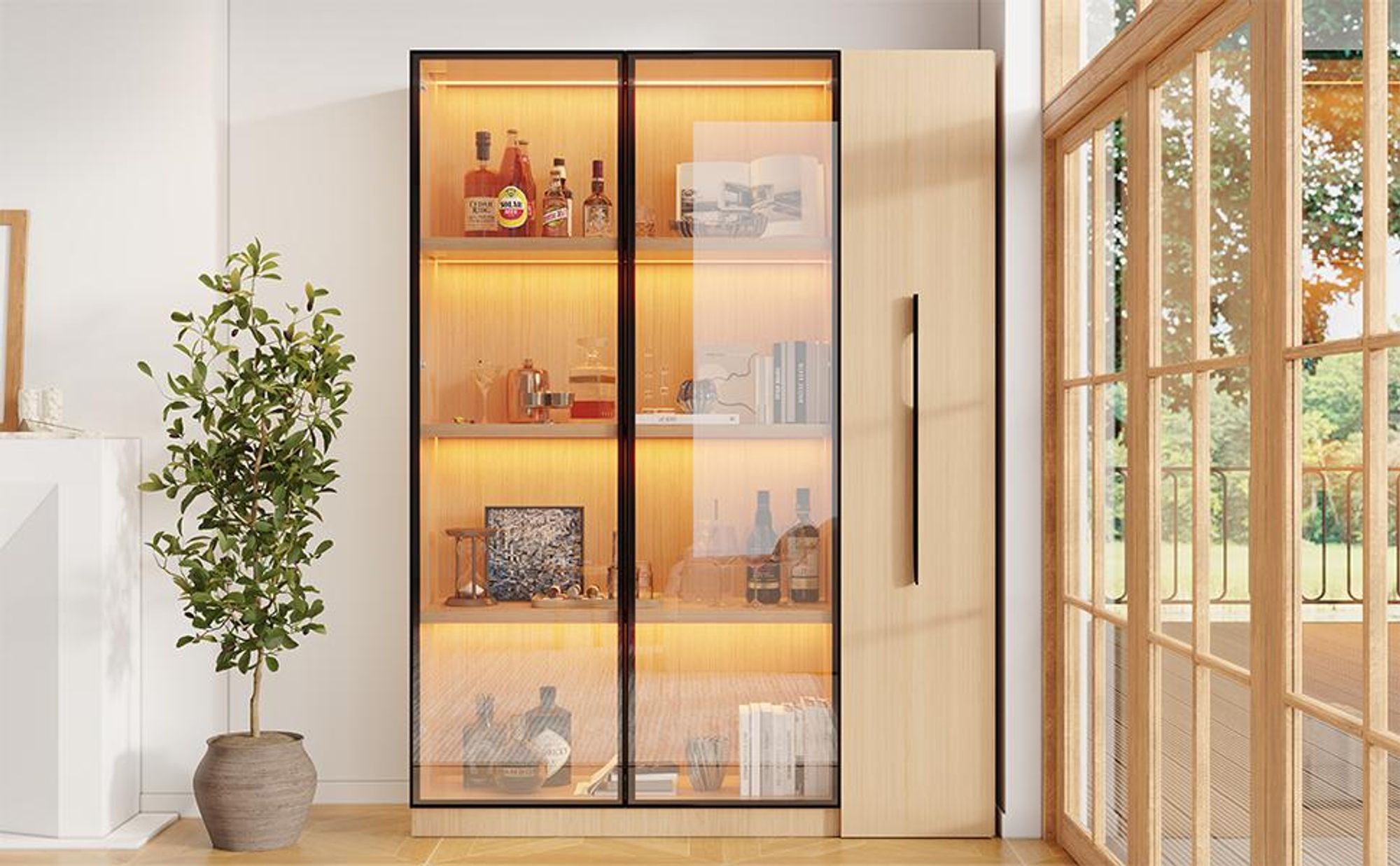 Merax Glasvitrine mit LED, Drei Türen, Auszugsschrank mit Regal, Vitrine Vitrinenschrank, Hochschrank, Bücherregal, 110.5x35x160cm, Natur
