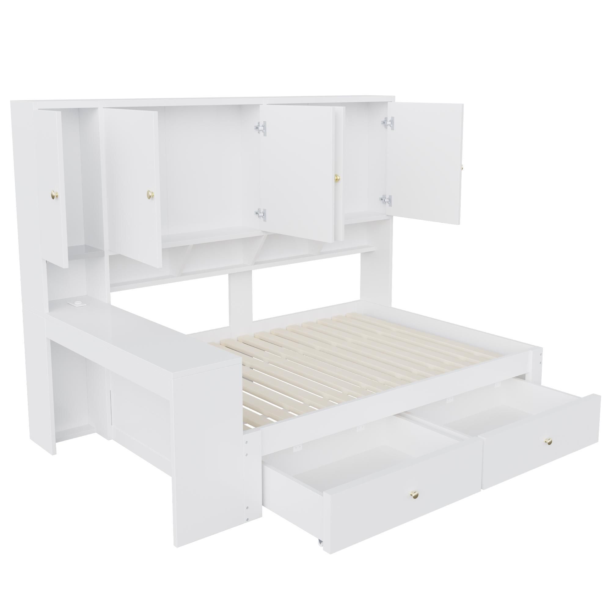 Flieks Jugendbett 90x200cm mit Schreibtisch, Einzelbett mit Schränken und Ablagefächern, Holzbett mit Schubladen, LED-Beleuchtung und Steckdosen, Weiß