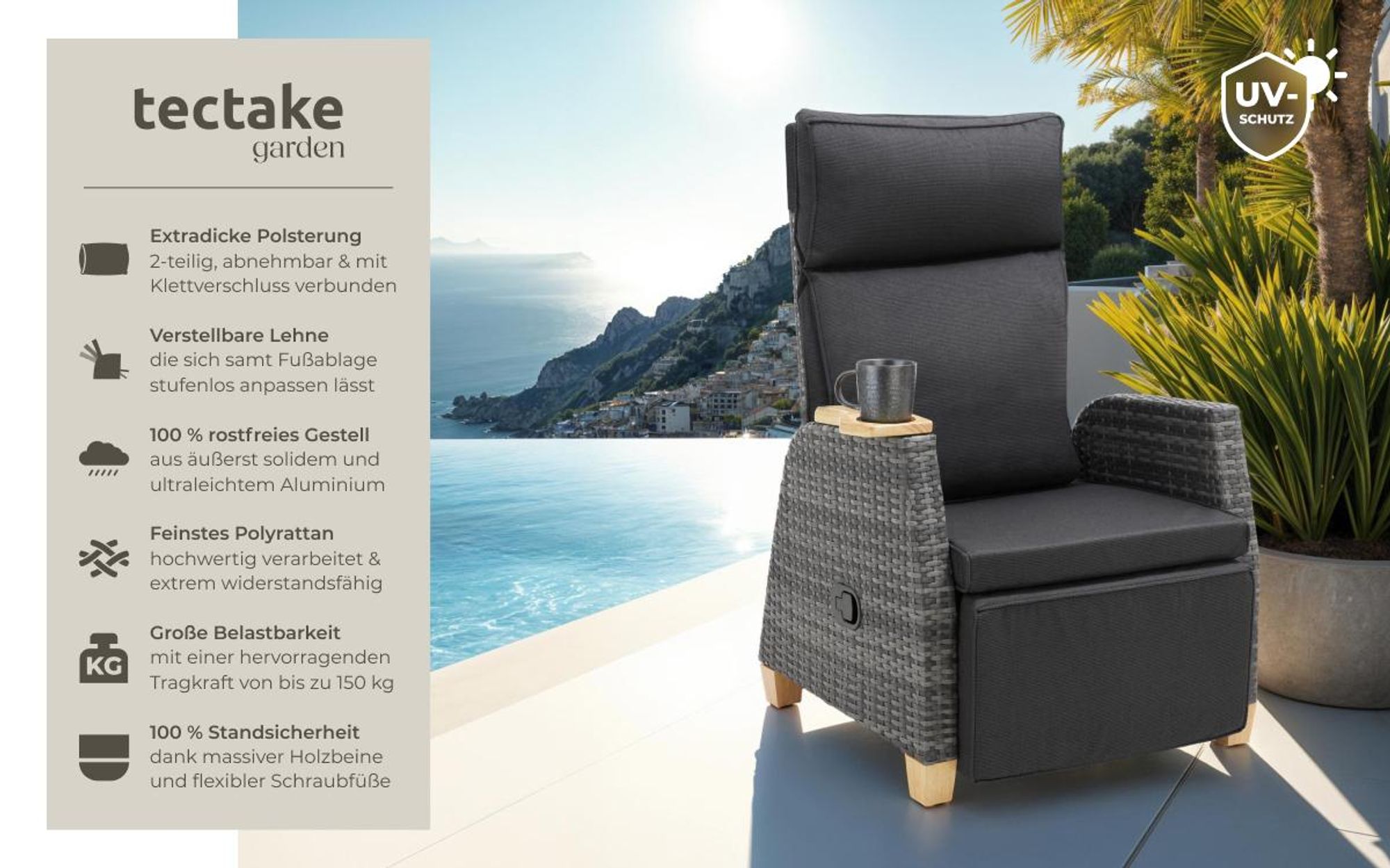tectake® Aluminium Rattansessel Pescara wetterfest und UV-beständig 68,5 x 67 - 128 x 87 - 104 cm