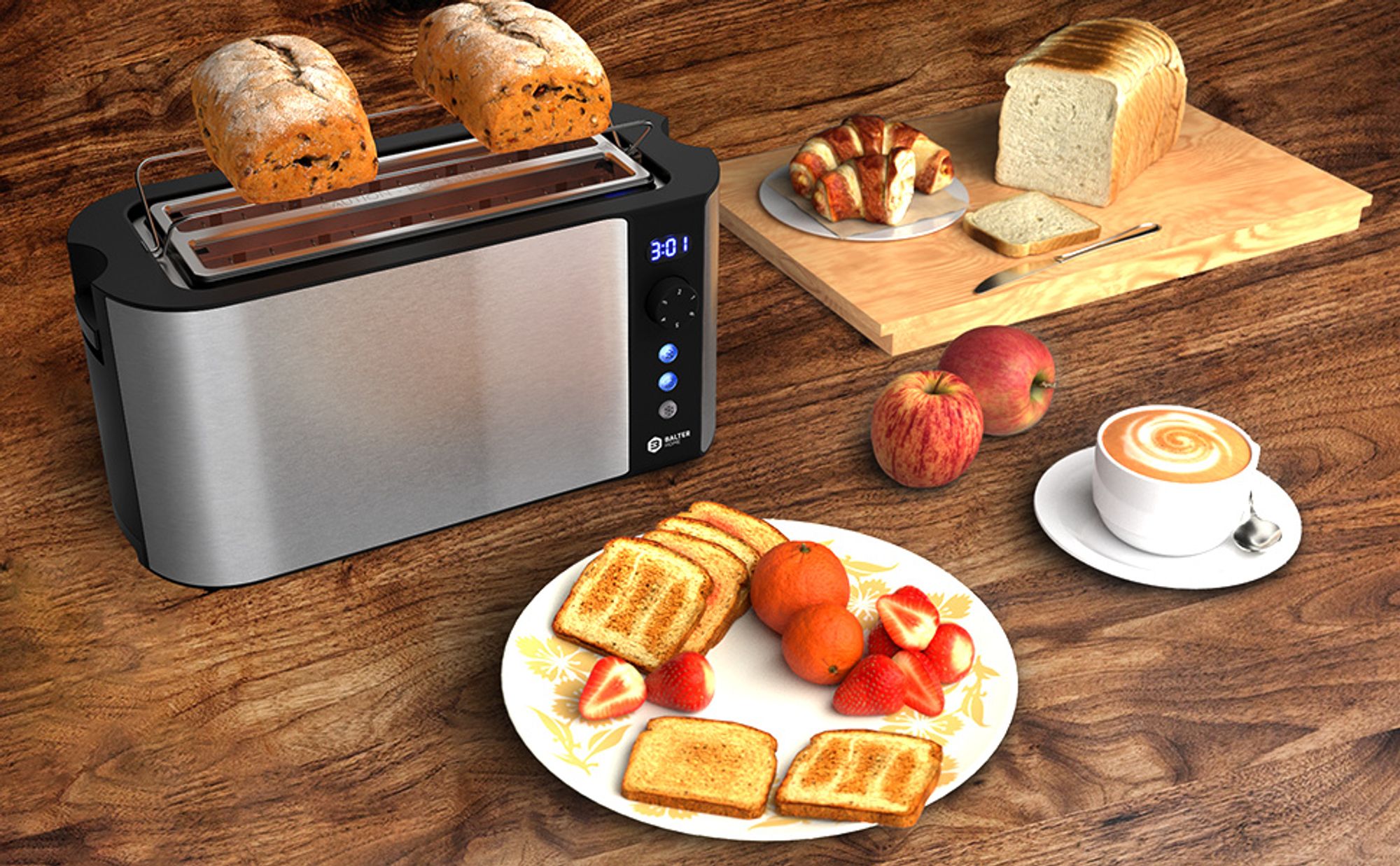 Balter Toaster 4 Scheiben, Edelstahl, Langschlitztoaster mit Brötchenaufsatz, 1500W, LCD Display, Defrost-/Aufwärmfunktion, Krümelschublade, Silber