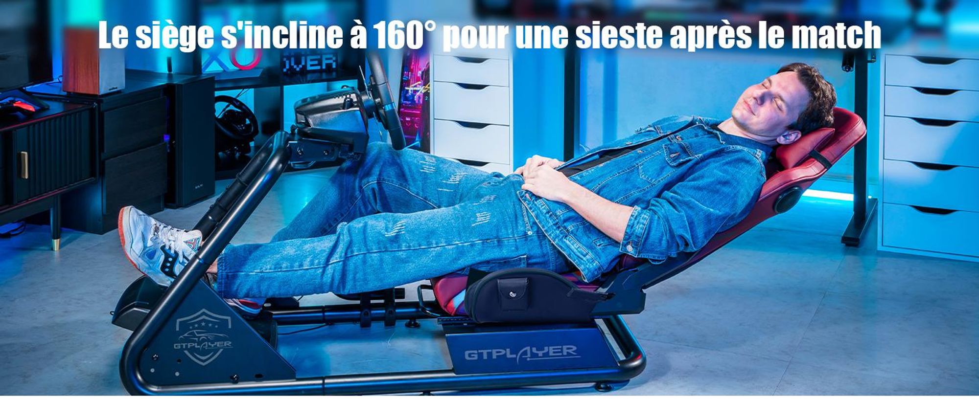 GTPLAYER simulateur de cockpit, SIM racing cockpit, simulateur de course support de volant fauteuil gaming racing wheel stand avec haut-parleur bluetooth et repose pédale