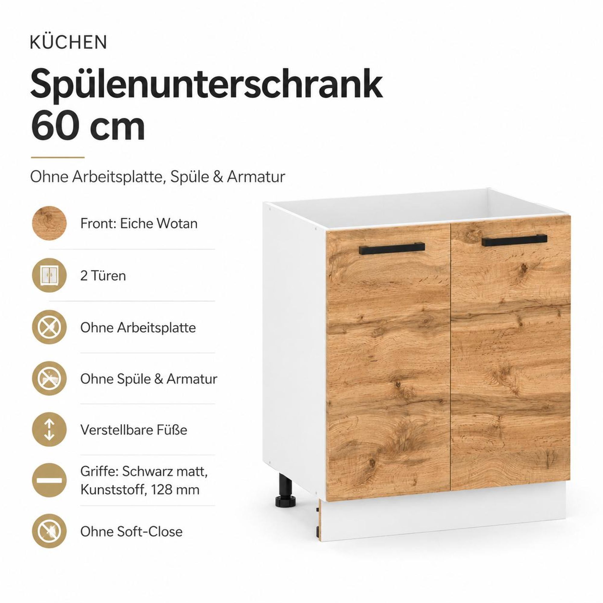 Spülenunterschrank 60 cm Eiche Wotan: 2 Türen, schwarze Griffe & weißer Korpus.