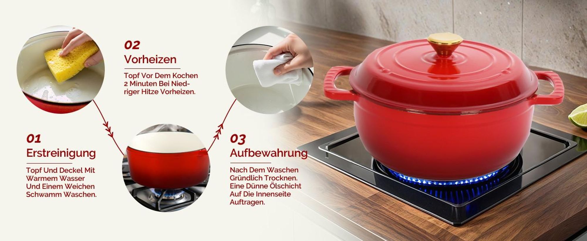 LEADZM Gusseisen Topf 26cm - 5QT-4.6L Emaille Bräter mit Deckel backofengeeignet - für Küche Backen Schmoren Braten (Rot)