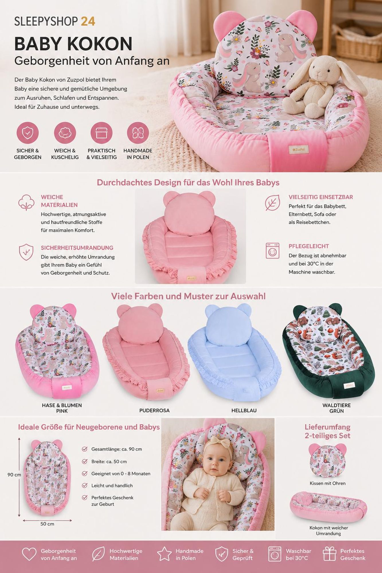 Premium Babynestchen mit Kissen | Kuscheliges Babynest Teddy-Stoff | Neugeborenen Kuschelbett Multifunktional | Farbe: Grau / Teddy