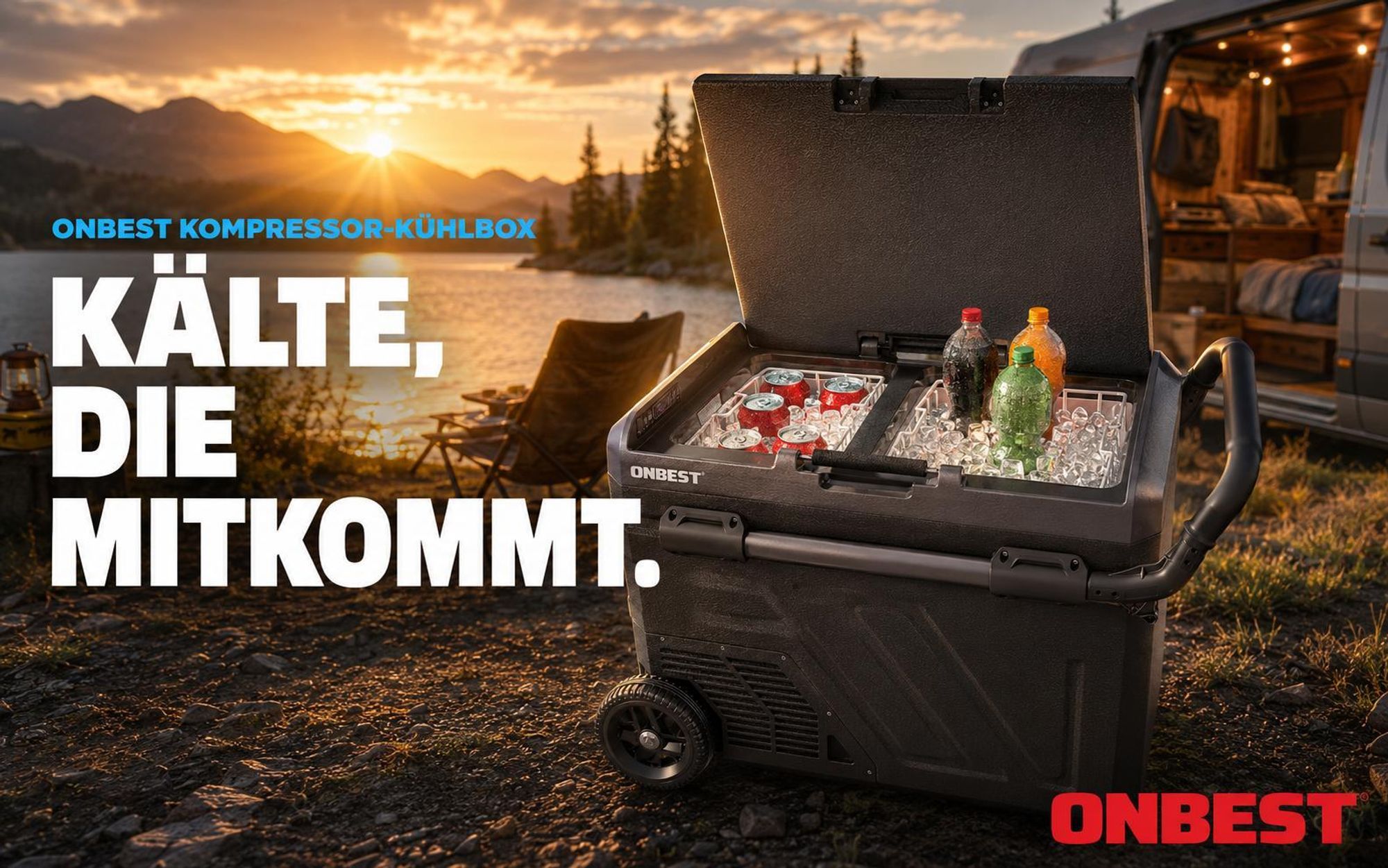 ONBEST Kompressor Kühlbox | 40L | 12V | 230V | mit App-Steuerung | Touchdisplay | Rollen | USB-Anschlüsse | LED | 4 x Trinkbecher