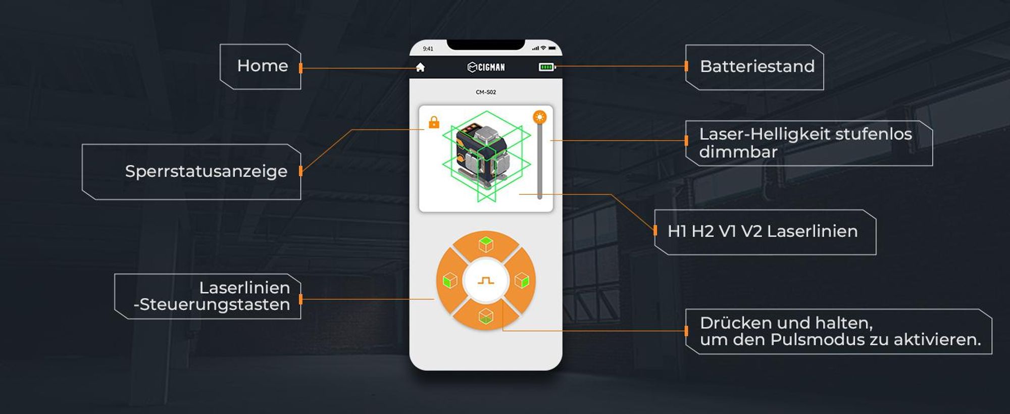 CIGMAN CMS02 Křížový Laser 4×360° Zelený s App, LCD a 2 Akumulátory