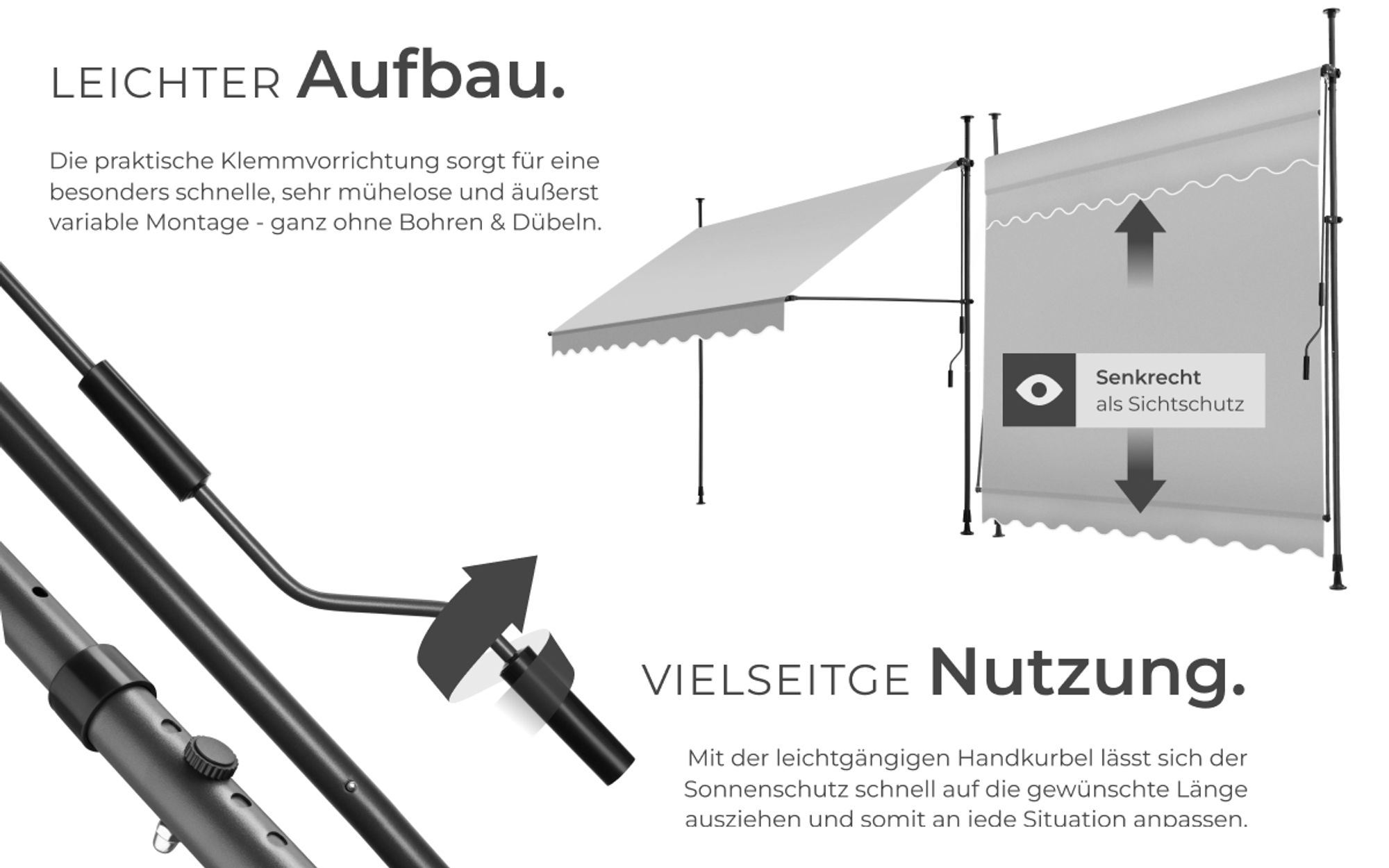 tectake® Klemmmarkise mit Handkurbel einfache Montage