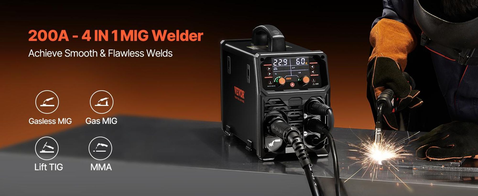 VEVOR MIG-Schweißgerät, 200 A synergetische MIG-Schweißmaschine, 4-in-1-Gas-MIG/Flux Core-MIG/Stick/Lift-TIG-Mehrprozess-Welder mit IGBT-Wechselrichtertechnologie und LCD-Bildschirmanzeige