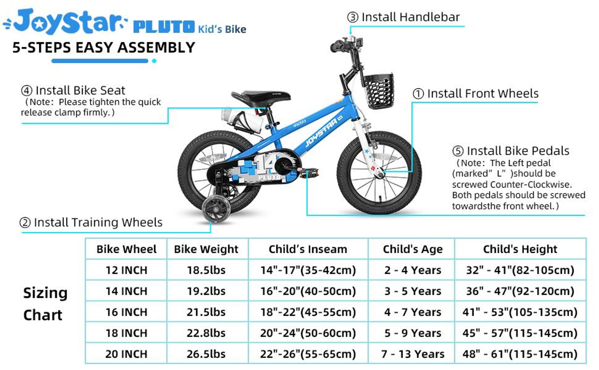 JOYSTAR Pluto 20 Zoll Kinderfahrrad mit beleuchteten Stützrädern, Korb, Flaschenhalter, Kinderfahrrad für Jungen und Mädchen 3-12 Jahre, Blau