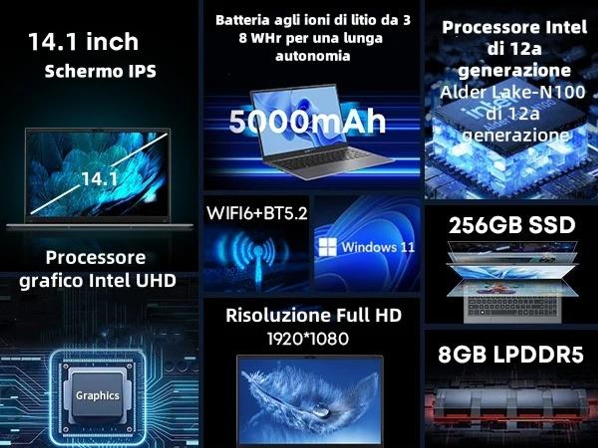 Laptop CHUWI GemiBook XPro - Processore Intel N100 Display 14.1" Windows 11 8GB+256GB Batteria - Grigio