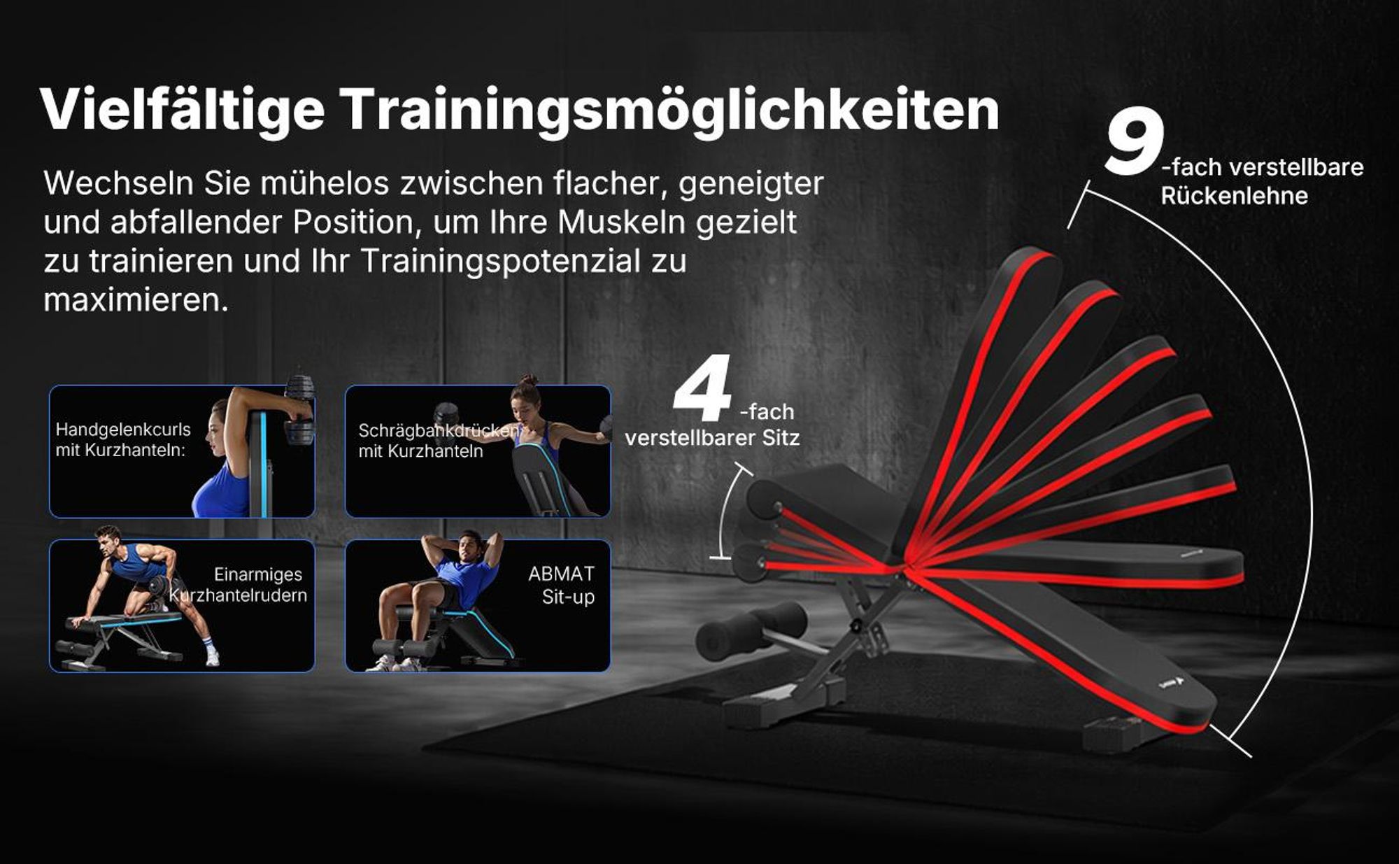 Hantelbank klappbar, 450 kg belastbar, 6-fach verstellbare Rückenlehne, verstellbare Flach- und Schrägbank fürs Home Gym Merach, rutschfest