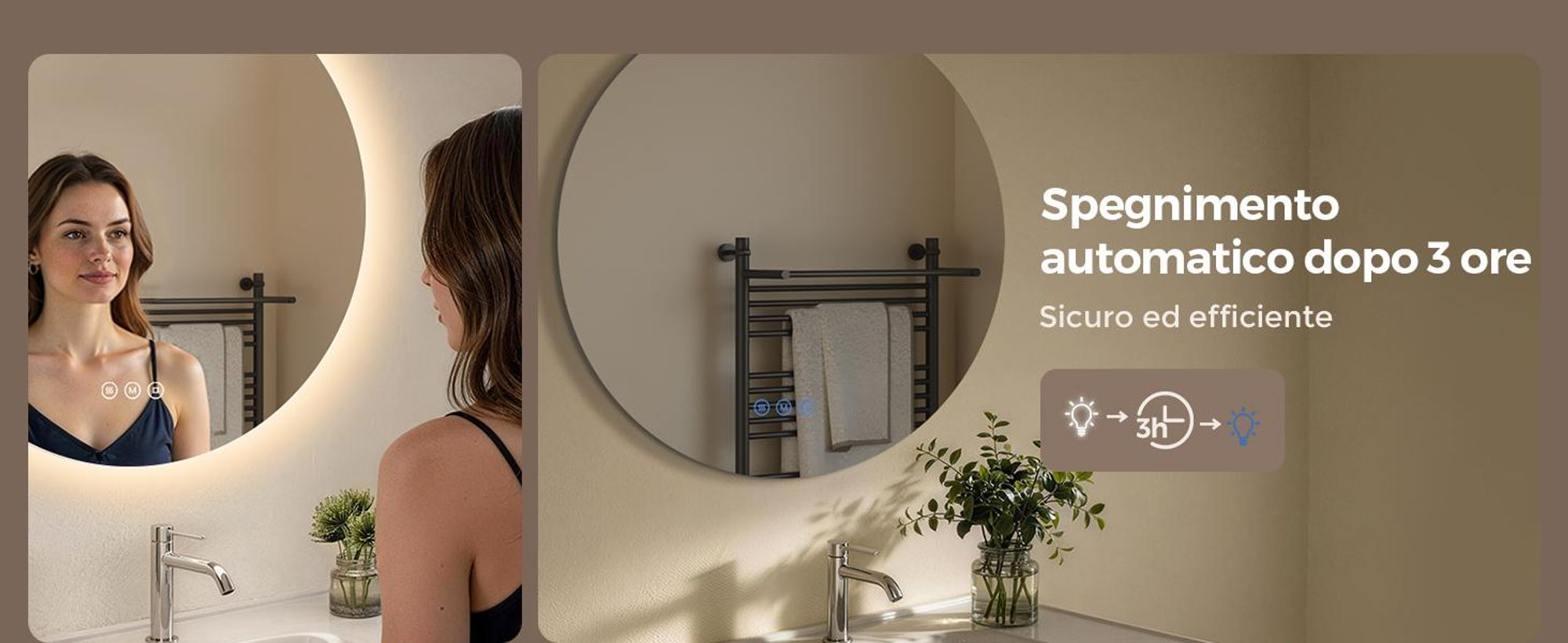 Specchio da bagno con illuminazione, rotondo, 60 cm, S'AFIELINA LED, intensità regolabile, 3 tonalità di luce, antiappannamento, comando touch, funzione di memoria, IP65, impermeabile per il bagno