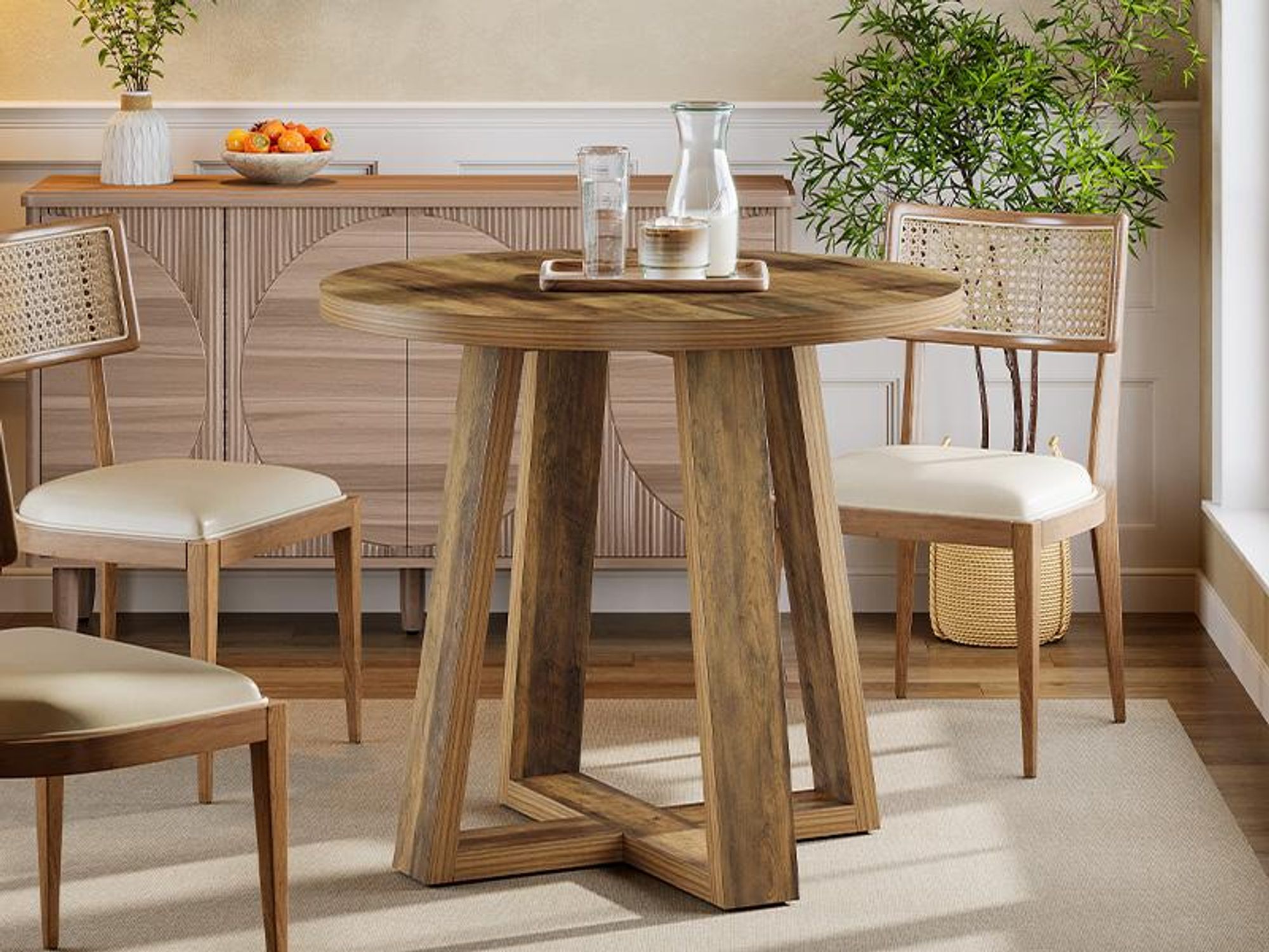 Tribesigns Table de salle à manger ronde pour 4 personnes, 80cm Table de salle à manger rustique avec pied en bois, Table de cuisine ronde pour cuisine, salon, salle à manger (Marron)