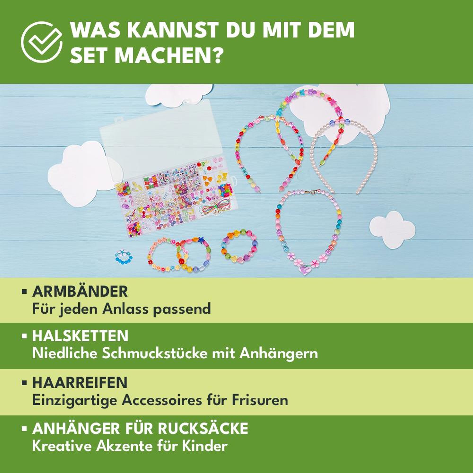 KRUMAD Perlen Set 750 Stück - Bastelset für Armbänder selber machen, bunte Perlen mit Buchstaben, Schmuck Zubehör für Kinder