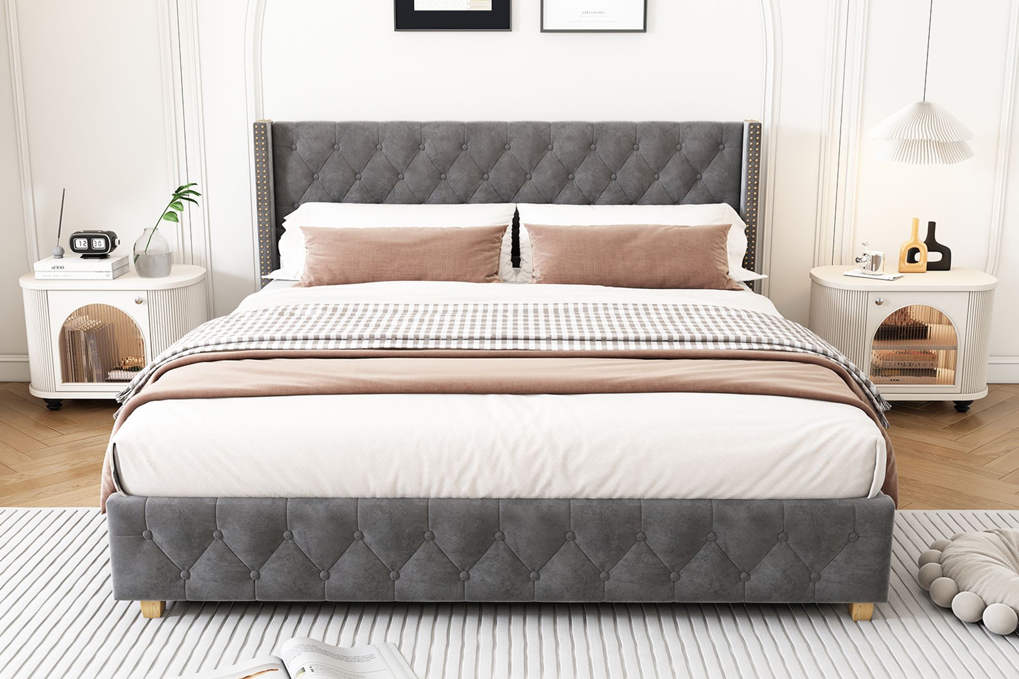 okwish Polsterbett 140×190cm Bettgestell Jugendbett mit Lattenrost & Kopfteil, Knopfpolsterung, Nietenpolsterung, Samt, Grau,Ohne Matratze