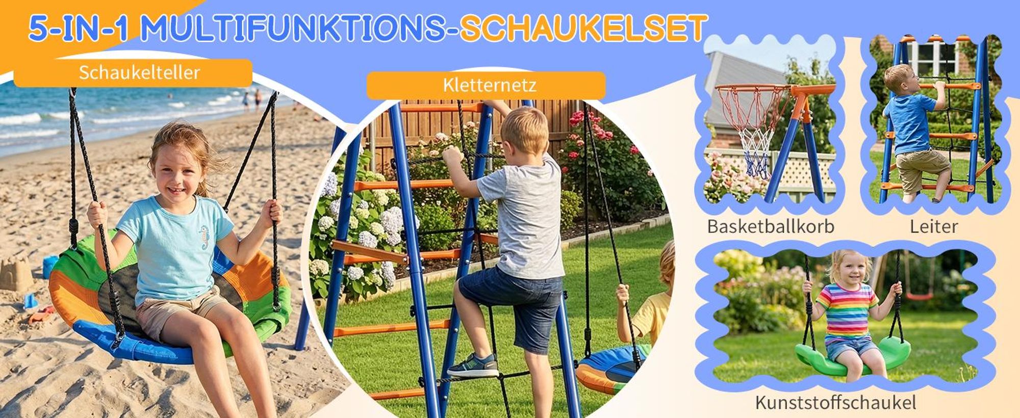FCH schaukelgestell Gartenschaukel 5-in-1 Schaukelset mit Kletterleiter & Basketballkorb, 200kg belastbar, wetterfest für Garten,240x170x180cm
