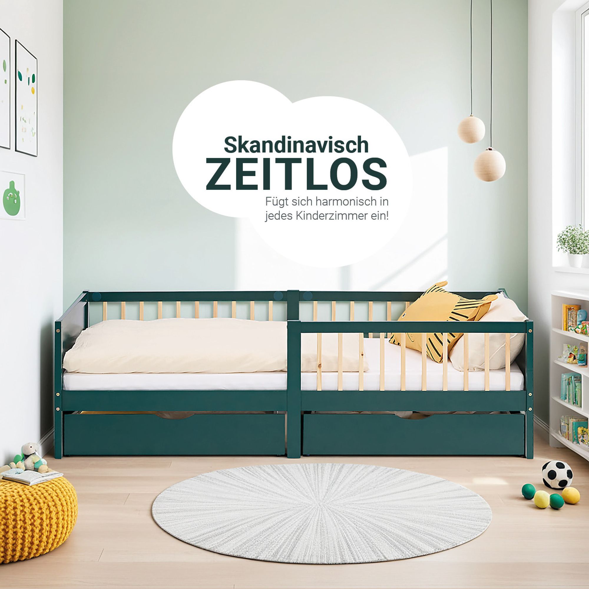 Das Bild zeigt ein grünes Kinderbett im Kinderzimmer