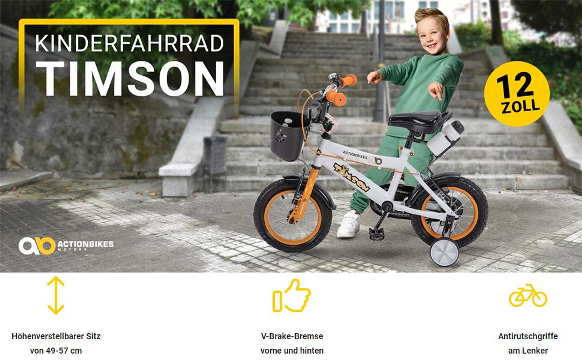 Actionbikes Kinderfahrrad Timson 12 Zoll | Kinder Fahrrad - Mädchen Rad - Jungen Bike - Kinderrad - V-Brake Bremsen - Korb - Stützräder - 2-5 Jahre