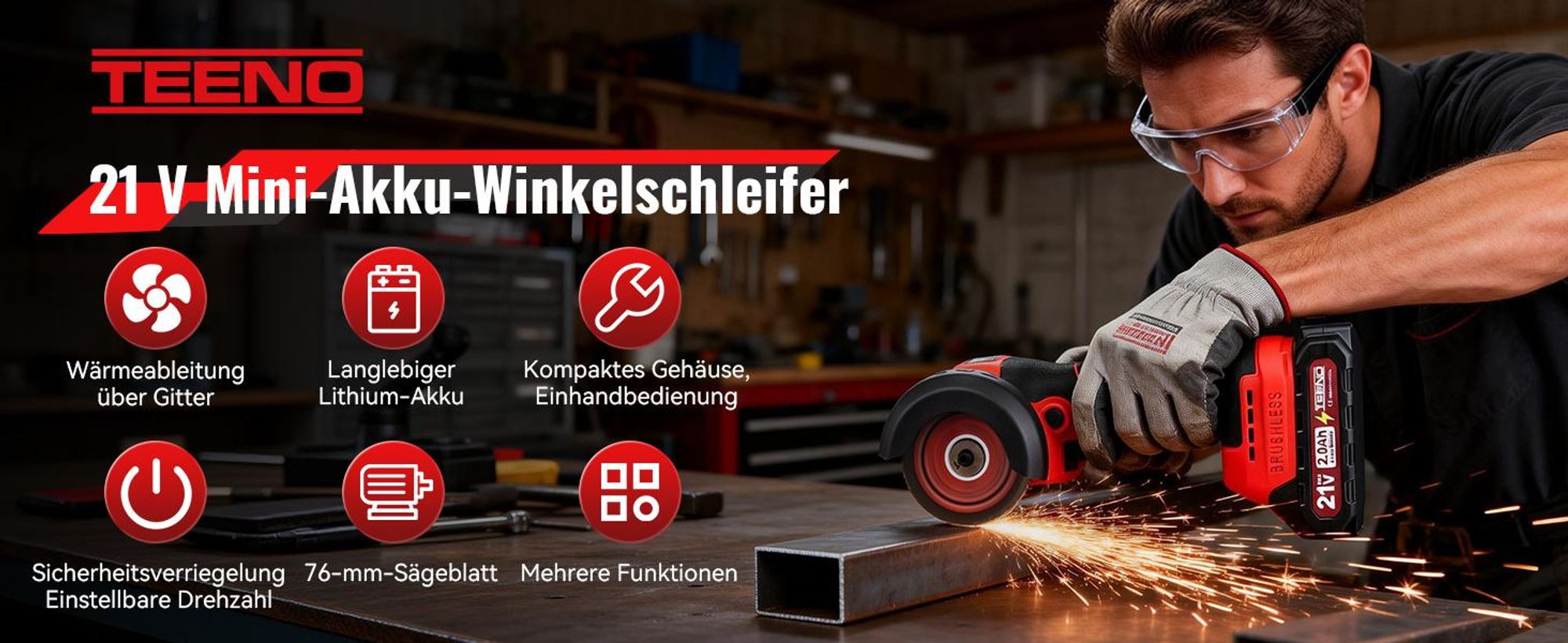 TEENO 21V Winkelschleifer mit Bürsten, 19500 U/min, inklusive 2 Akkus mit 1500mAh und 6 Schleifscheiben, professionelles Elektro-Trennschleifer Set