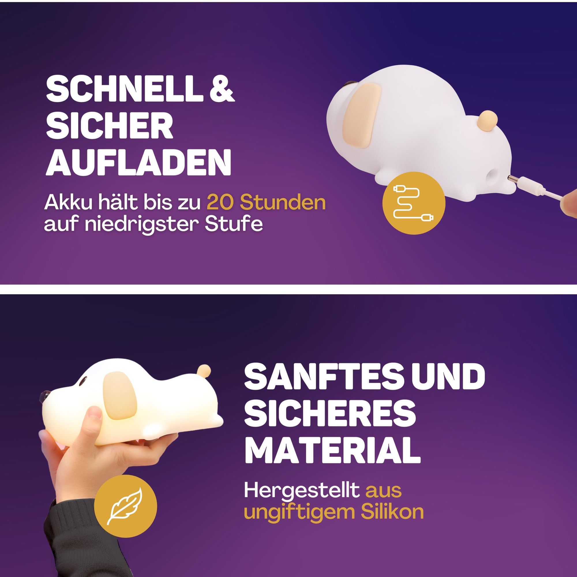 Nachtlicht für Kinder mit Touch-Bedienung und 8 Farben, Silikon-LED-Nachtlicht für das Kinderzimmer, USB-aufladbar, Dimmbar, Timer-Funktion, Welpe