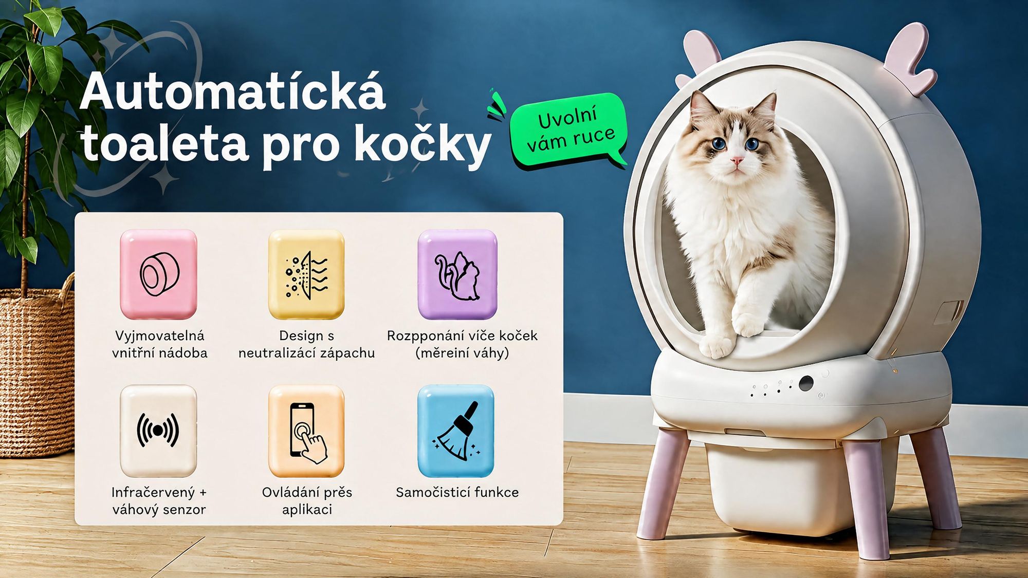 Samočistící kočičí toaleta XXL 65 l, automatická, ovládání přes aplikaci, 9 čidel proti zaseknutí, neutralizace zápachu, až 15 dní, pro více koček