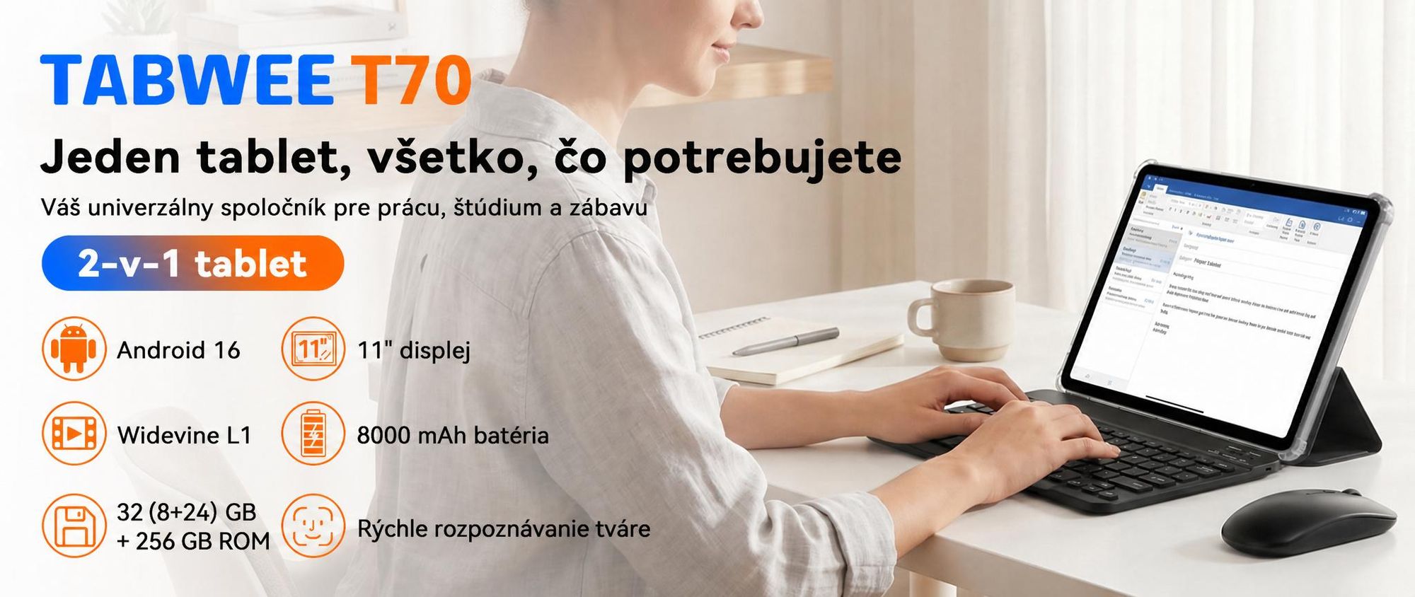 TABWEE T70, 11-palcový tablet, 32 (8+24) + 256 GB, Android 16, 8000 mAh batéria, Bluetooth 5.0, rozpoznávanie tváre, podpora Widevine L1, Rheinland. Súčasťou balenia je klávesnica, myš a stylus