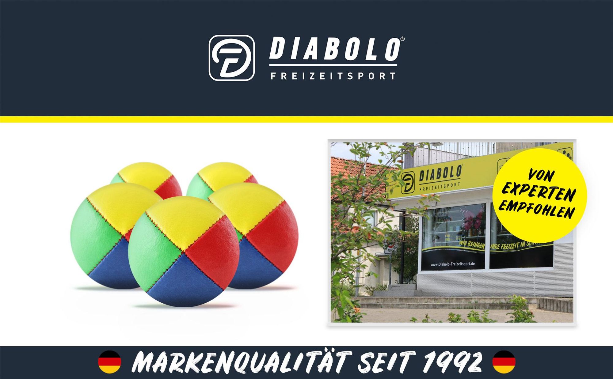 Diabolo Jonglierbälle Erwachsene – 62 mm Set mit 5 Jonglierbällen in vier Farben | Jonglierbälle Anfänger Kinder mit plastikfreier Geschenkverpackung