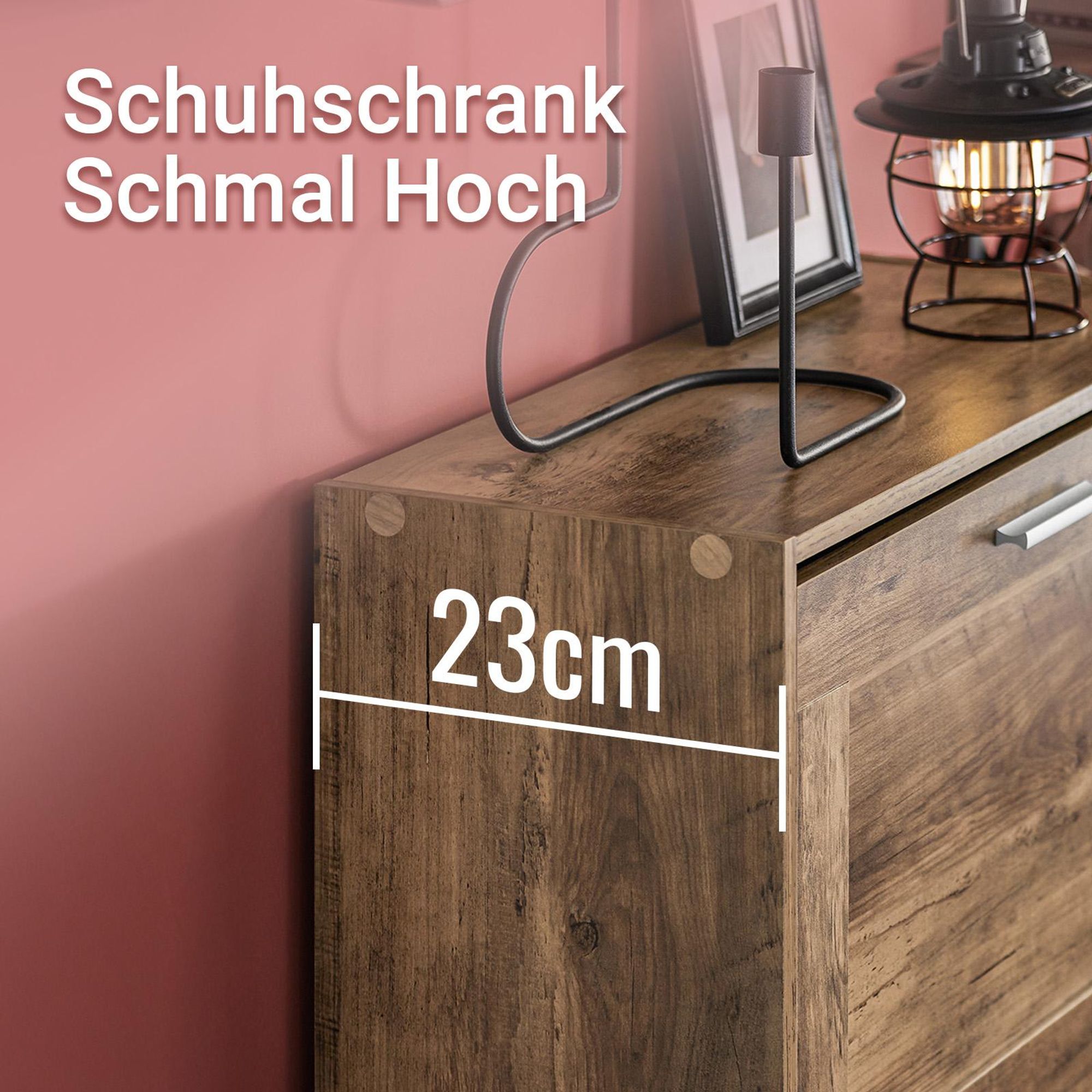 SoBuy schmaler Schuhkipper 23 cm tief mit 3 Klappen, Schuhschrank für Flur mit höhenverstellbaren Fächern, Vintage Design für kleine Räume, FSR137-L-F
