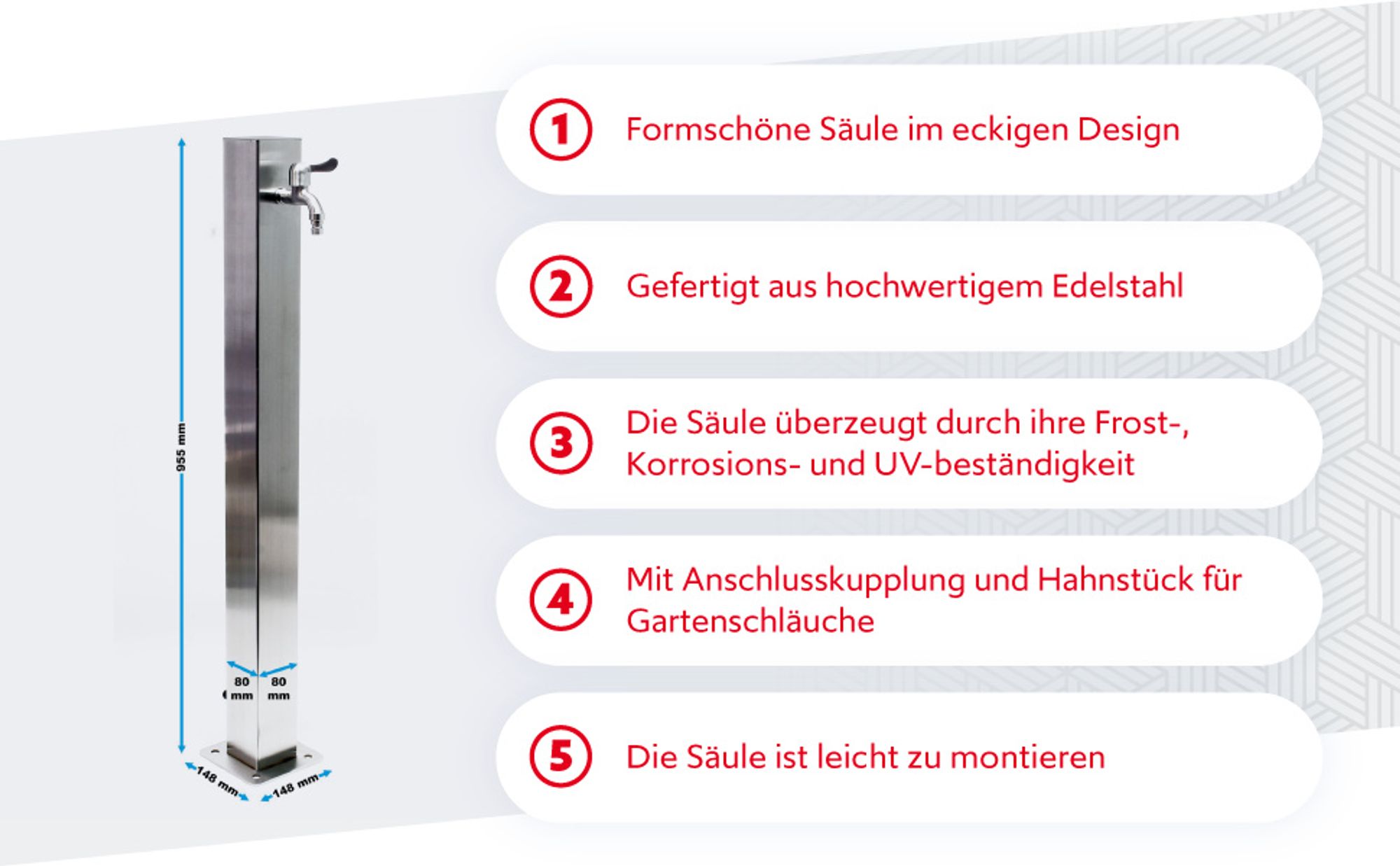 Wiltec eckige Wasserzapfstelle aus Edelstahl 95 cm, Wassersäule mit Wasserhahn & Anschluss, UV- & frostbeständig