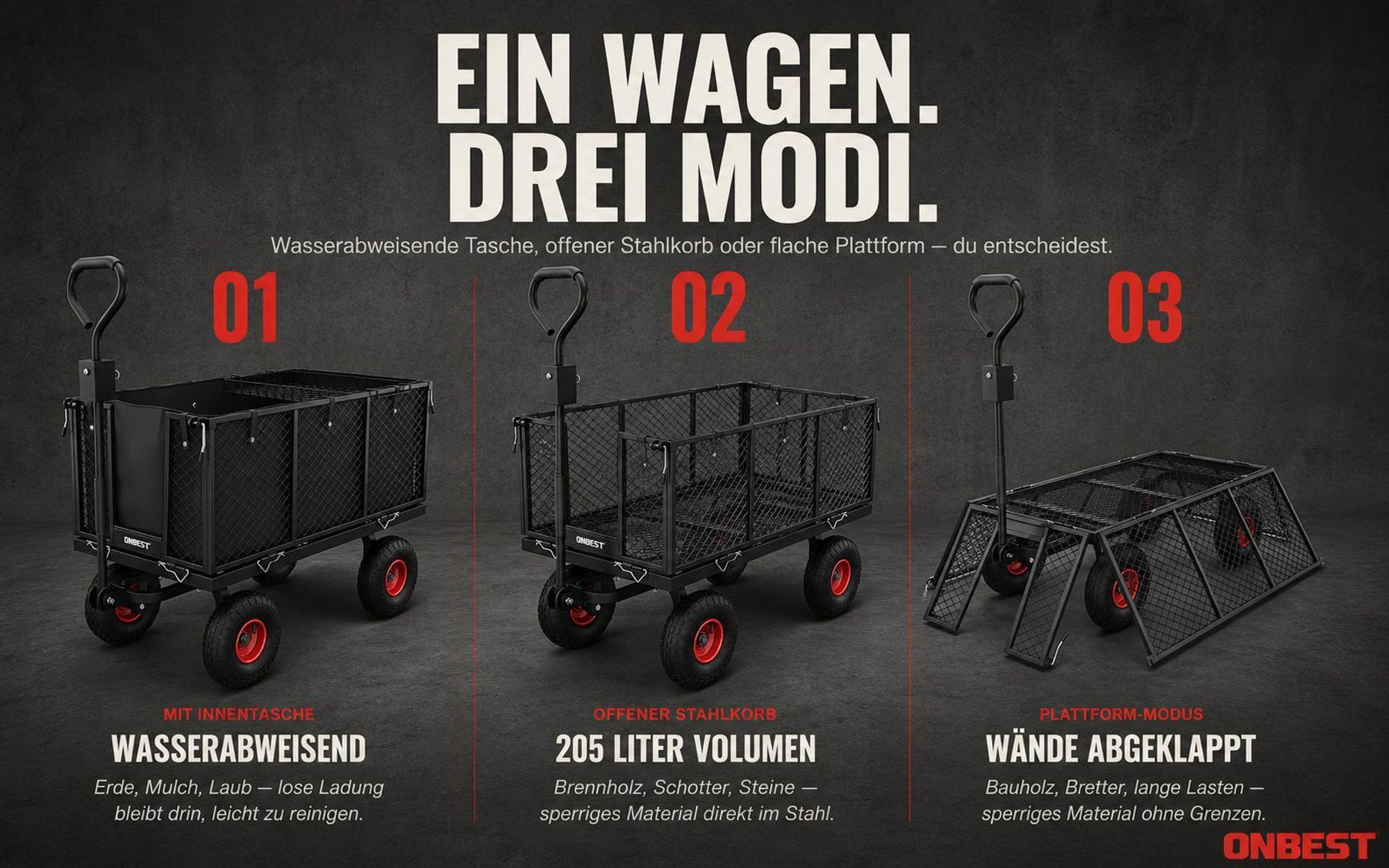ONBEST Gitter Transportwagen | bis 550 kg | belastbar | 205L | klappbar | Wasserabweisende Innentasche