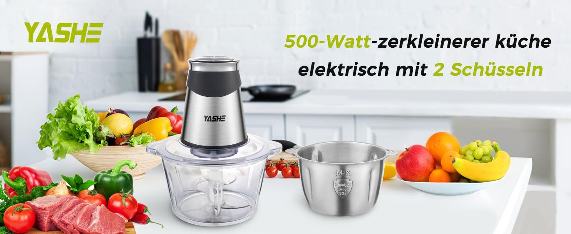 YASHE Zerkleinerer BM-217A, 500 W, 2 Schüsseln, 2 Stufen