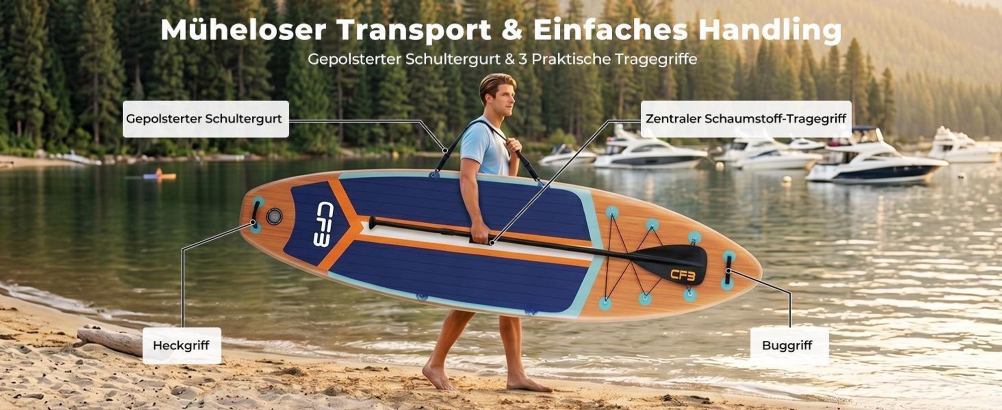 CFB Stand Up Paddle Board 335 mit 86 cm Standfläche, Bis zu 200kg, SUP Board mit Paddel, Pumpe, Rucksack, aufblasbares iSUP Set für Anfänger&Familien