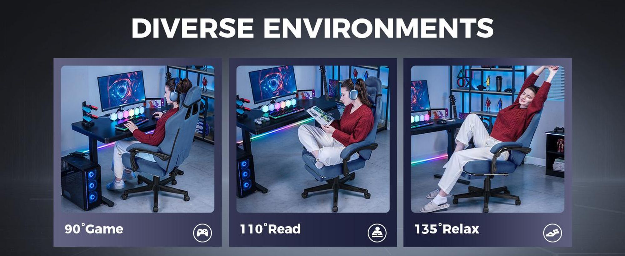 GTPLAYER Gaming Stuhl Stoff Gaming Chair Ergonomisch Bürostuh PC Stuhl,  Verstellbarer und Drehbarer Schreibtischstuh mit Fußstütze, Blau
