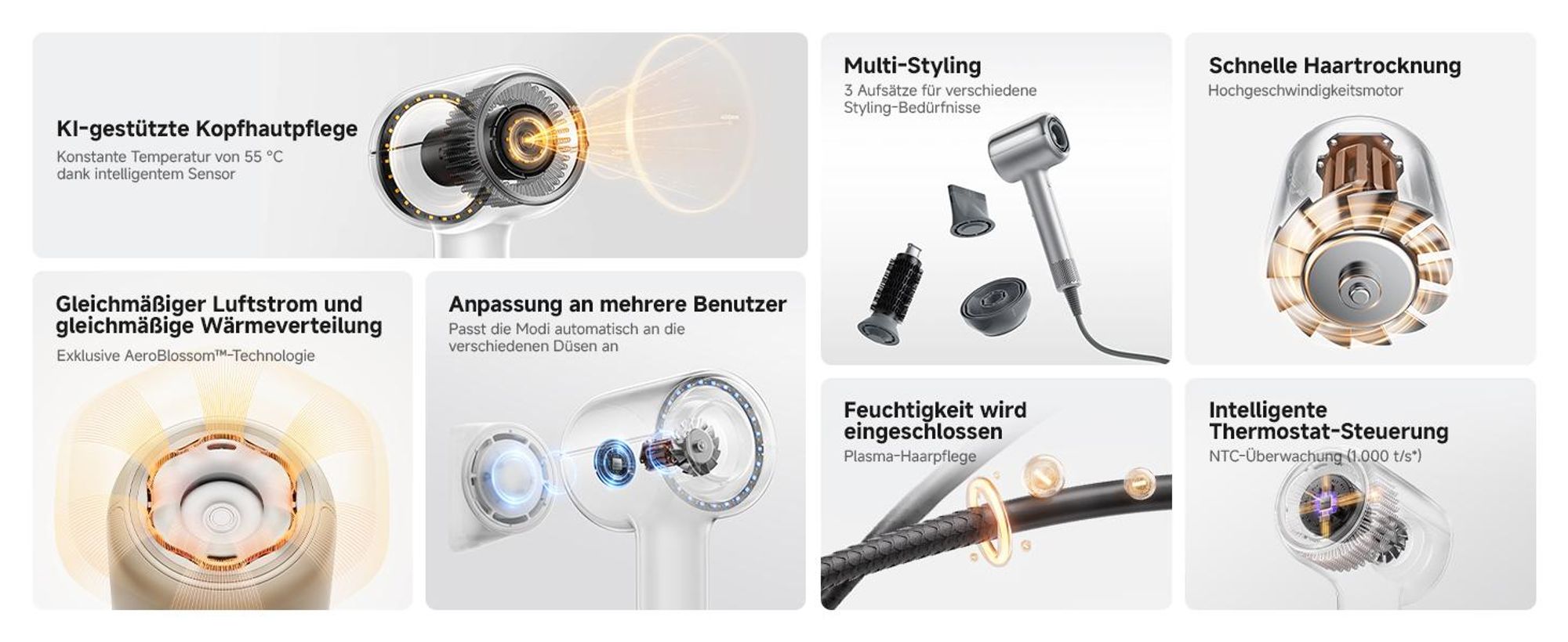 MOVA SHINE 20 Haartrockner Silber – KI-gesteuerte Thermostat-Technologie, gleichmäßige Wärme, schnelle Trocknung & Multi-Styling