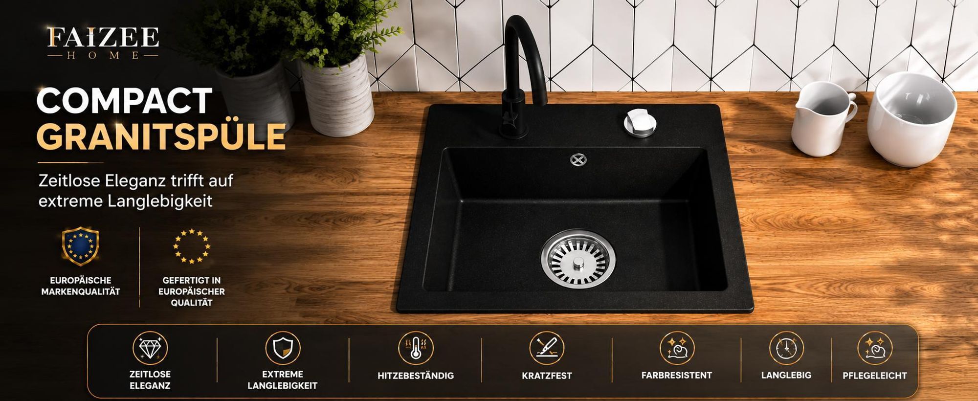 Faizee Home Granitspüle | Elegant, langlebig, hitzebeständig & kratzfest in EU-Qualität.