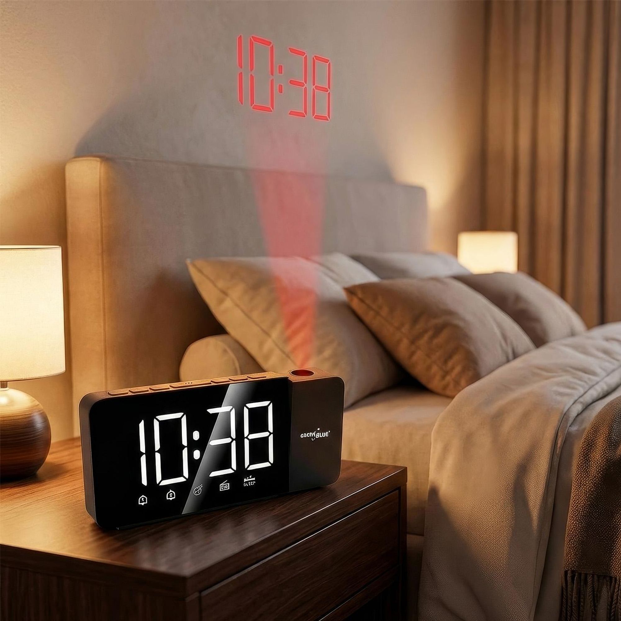 Digitaler LED-Radiowecker mit GreenBlue-Projektor FM-Radio Alarm 12/24-Stunden-Anzeige Stromversorgung über USB 5 V DC + CR2032 GB172