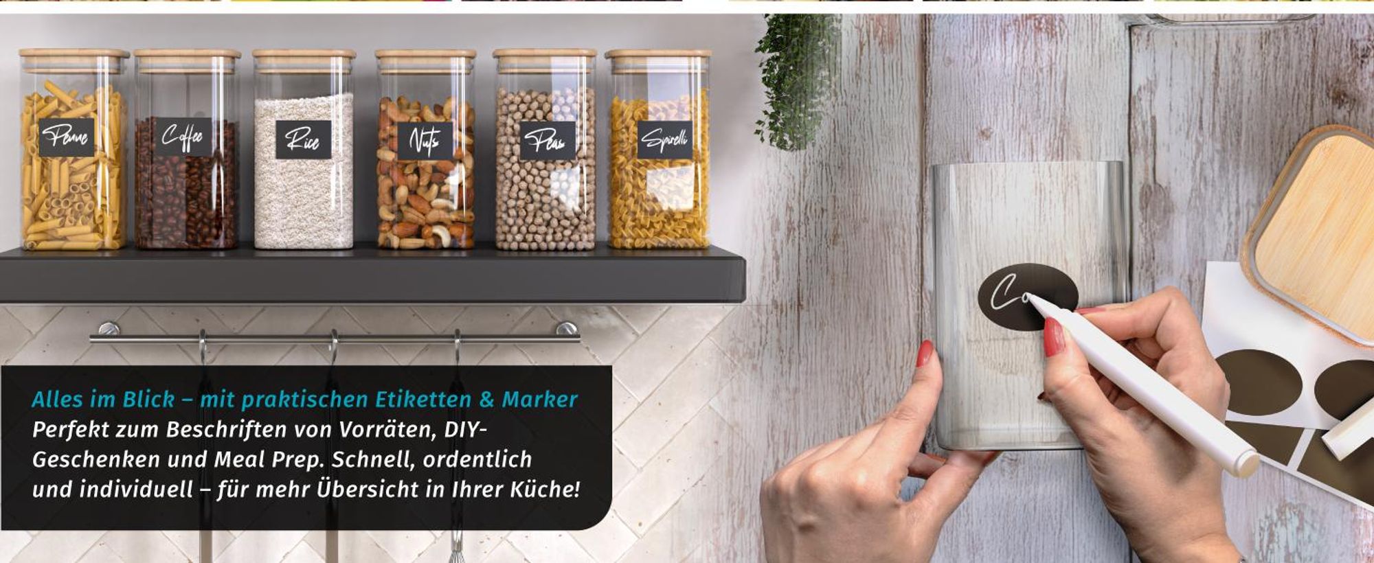 Arendo Vorratsgläser, Glasbehälter-Set 6x 2L Borosilikat mit Deckel, Aufklebern & Textmarker, 6er Set, Hitzebeständig, luftdicht, mikrowellengeeignet, spülmaschinenfest