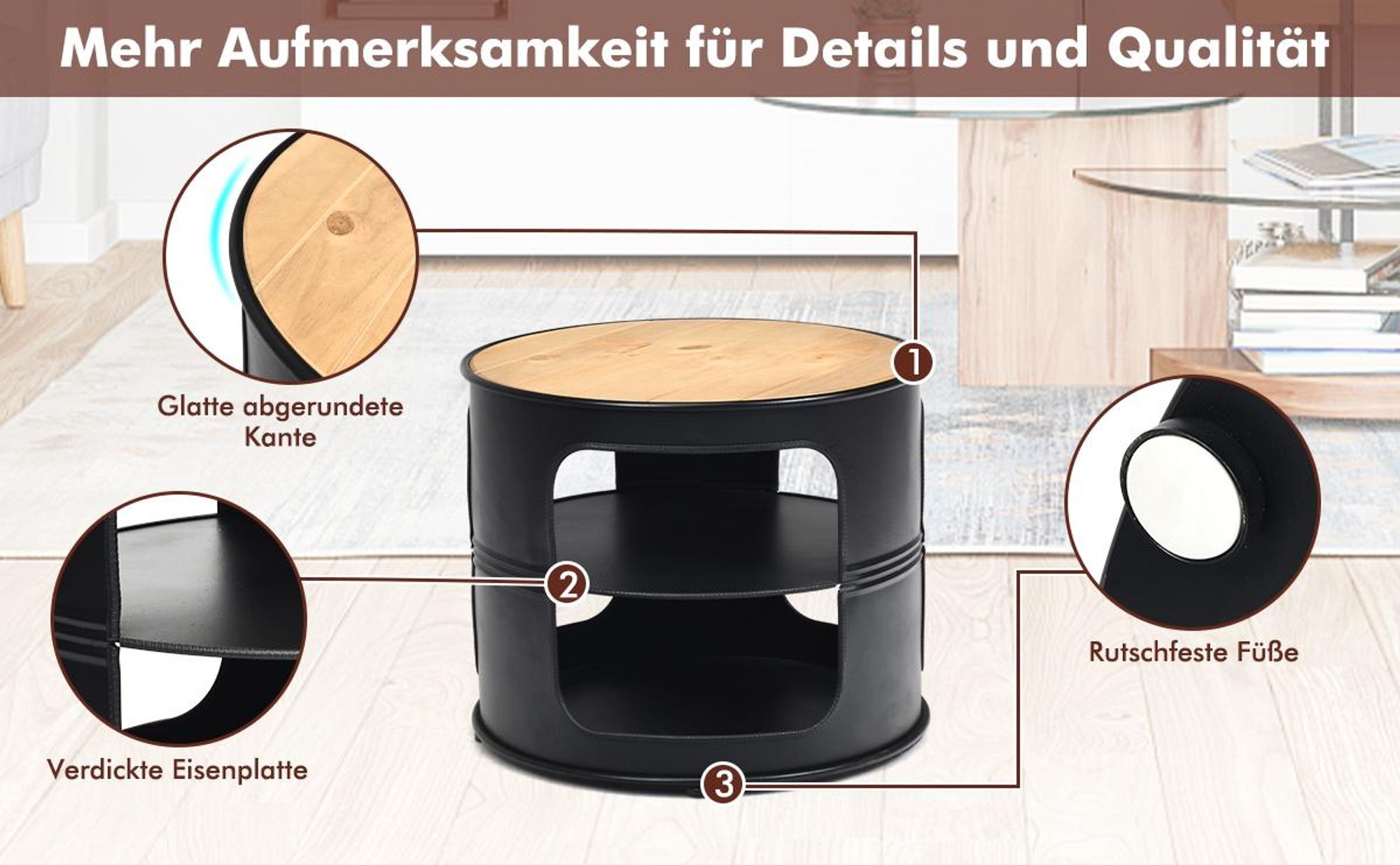 COSTWAY Industrie Beistelltisch aus Holz und Metall, 3 Ebenen Sofatisch, Kaffeetisch bis 50kg belastbar, Telefontisch rund, Nachttisch 50x50x41,5cm