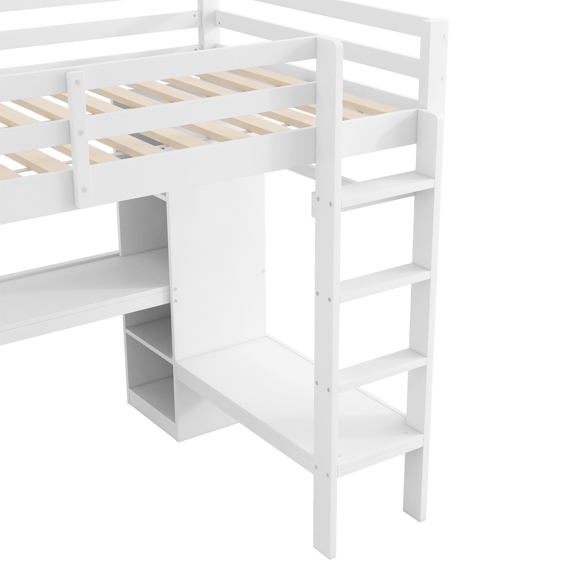Merax Etagenbett Hochbett 140x200 cm, mit Regalen, Schreibtisch, LED-Licht und USB, Hängebereich, Stockbett aus Holz, Kinderbett, Jugendbett, Weiß