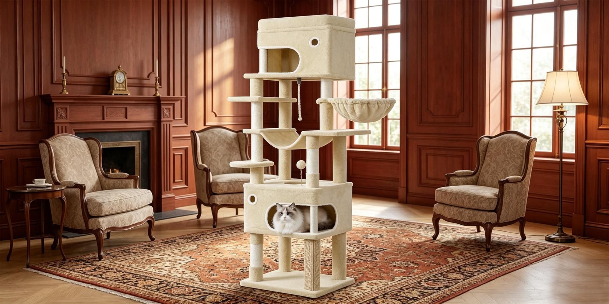 Fobyfurny Kratzbaum, 178 cm Katzenbaum mit Großer Plattform, Beige | mit 2 Höhlen, 7 Kratzsäulen, Pompons, Liegemulden, Hängematte