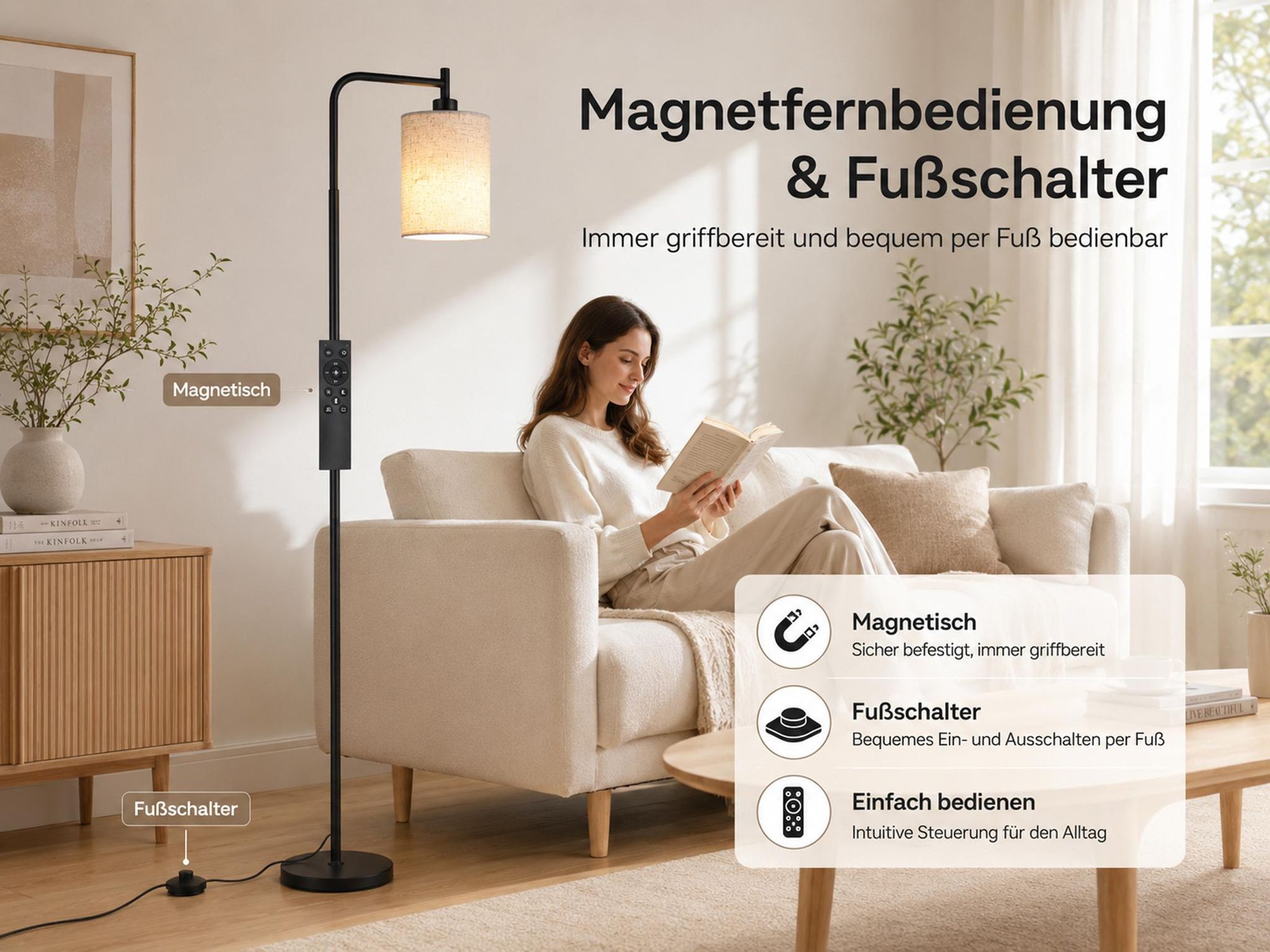 LED Stehlampe Schwarz Fernbedienung, 3000-6500K, dimmbar 20-100%, 12W Leseleuchte mit Lampenschirm, Moderne Ecklampe für Wohnzimmer/Schlafzimmer/Büro