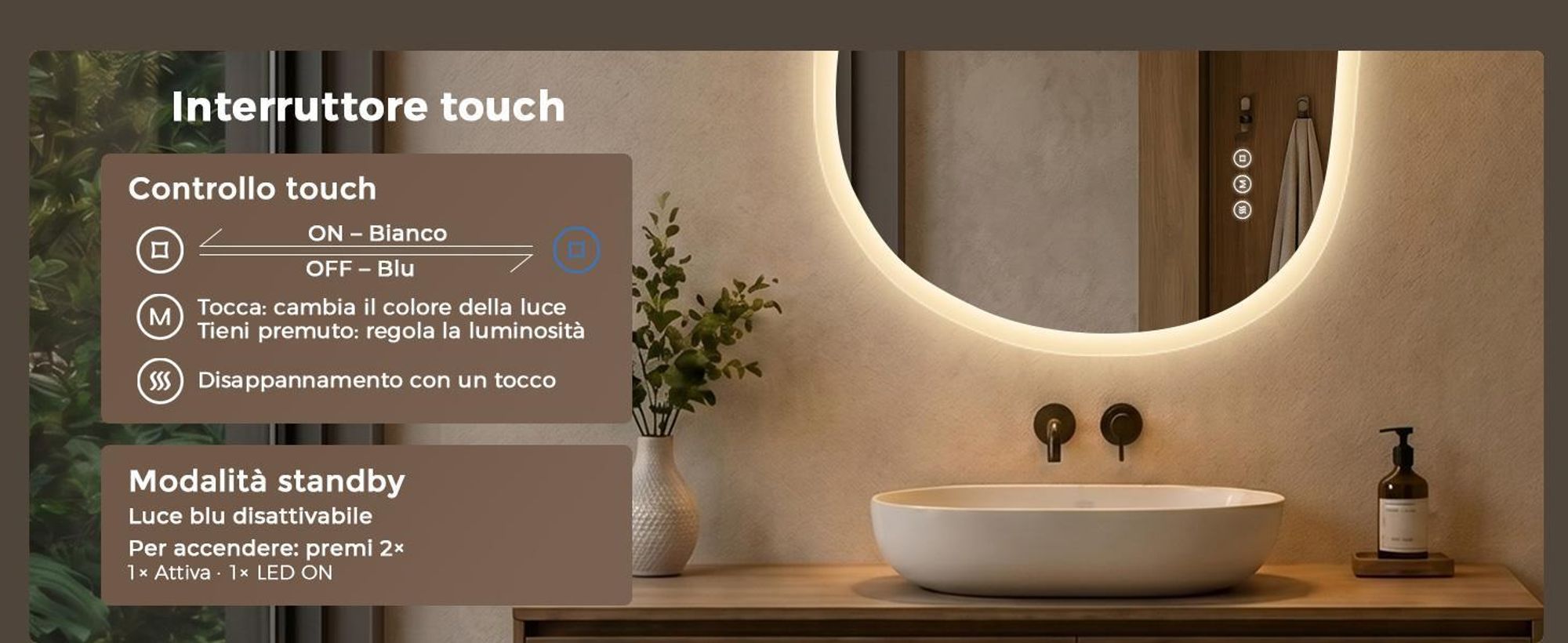 Specchio da bagno illuminato S'AFIELINA, 60x80 cm, specchio LED asimmetrico, senza cornice, 3 tonalità di luce, dimmerabile, antiappannamento, funzione di memoria