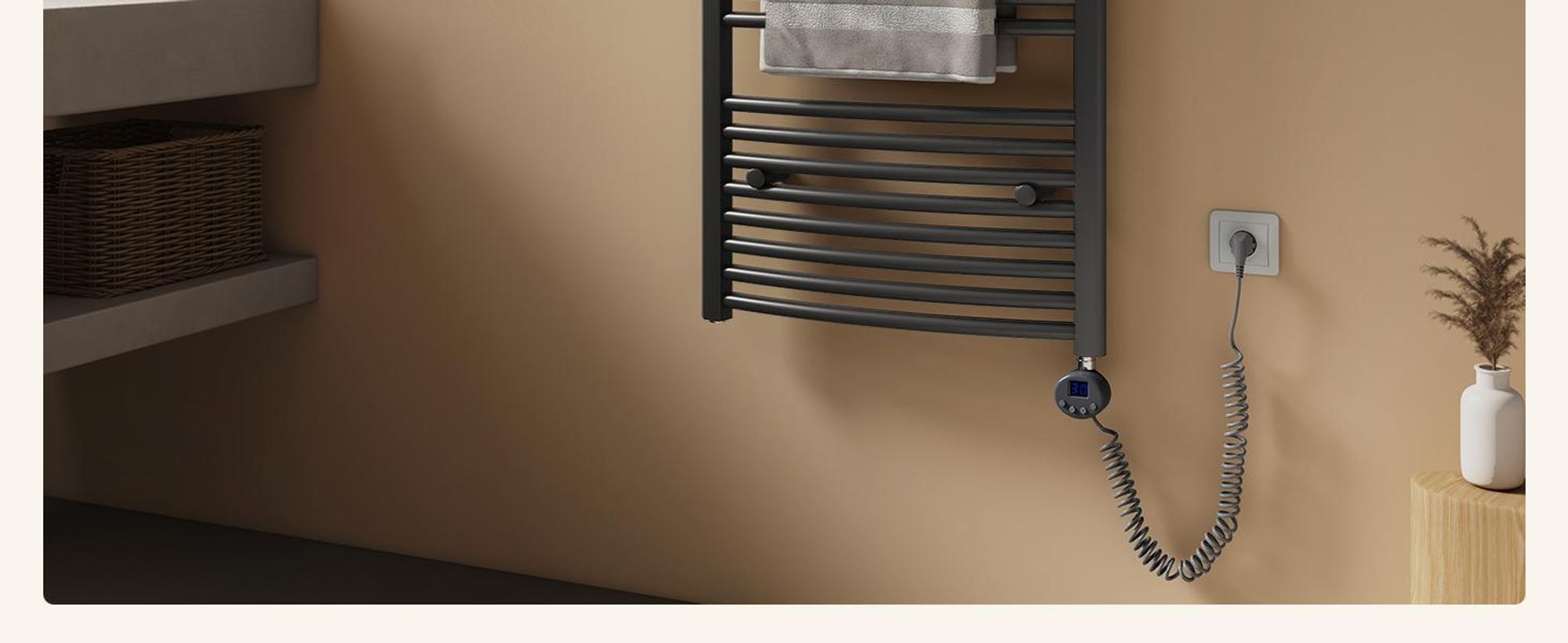 EMKE Elektrisch Handtuchwärmer 75X50cm 300W Anthrazit gebogen Badheizkörper klassisch elektrisch Heizstab Thermostat Handtuchheizkörper