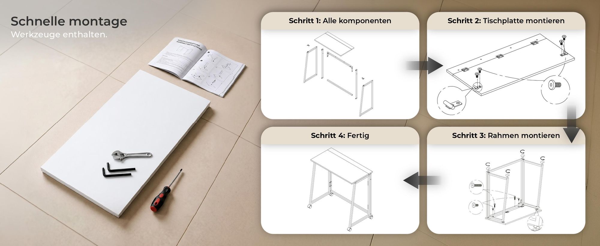 Meubles Cosy Skandinavischer Klappschreibtisch / Computertisch mit 4 Rollen Wei?es Holz und wei?es Metall - ASCOLI