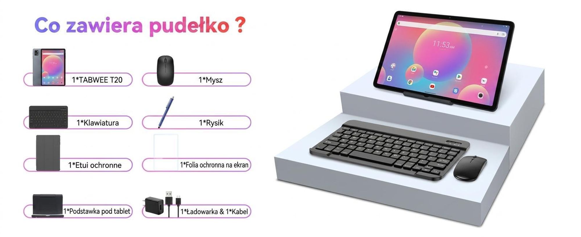 TABWEE T20 Tablet z Androidem 16, 10,1 cala, 24+256 GB z akcesoriami, Tablet PC, Face ID, Widevine L1, 5G WiFi, Gemini AI, 8 MP + 5 MP, GPS